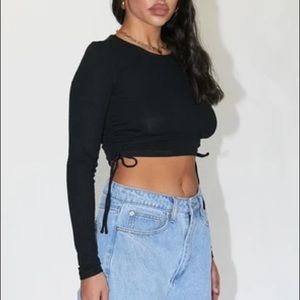 Princess Polly black long sleeve ruched tie side top